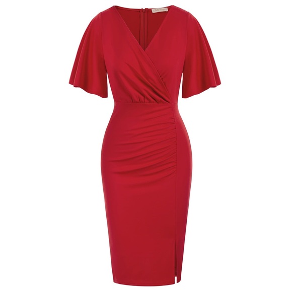 Belle Poque- Ruched Short Sleeve V-Neck Side Slit Pencil Dress - Picture 1 of 3